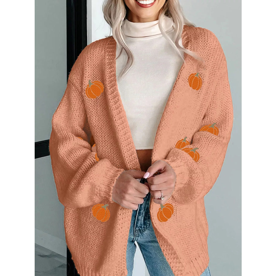 Pumpkin Tree Print Open Front Drop Shoulder Midi Cardigan Apparel and Accessories