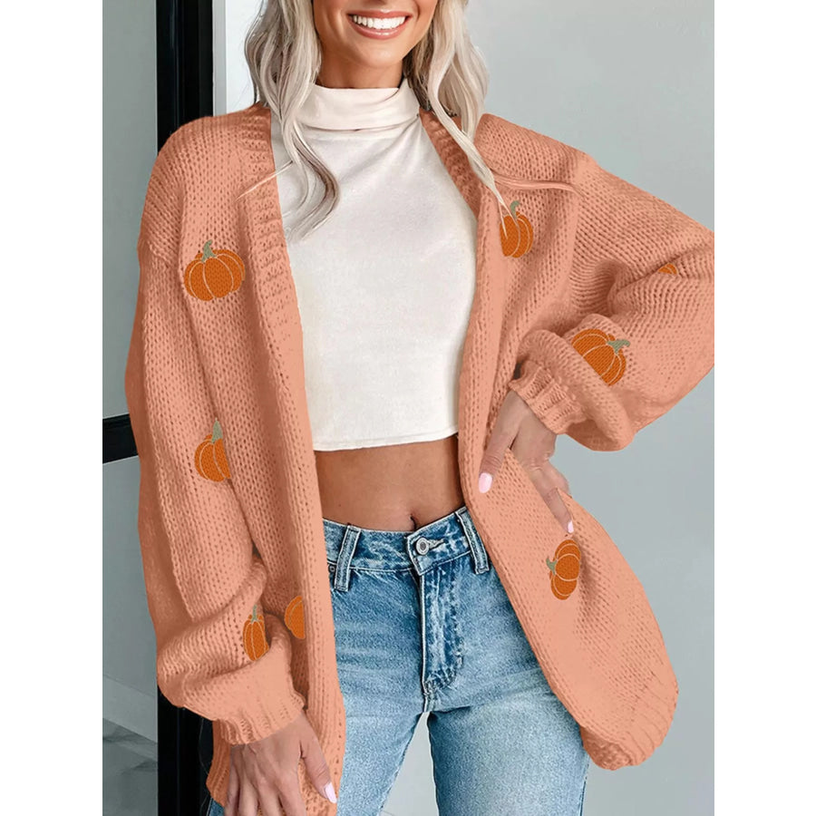Pumpkin Tree Print Open Front Drop Shoulder Midi Cardigan Apparel and Accessories