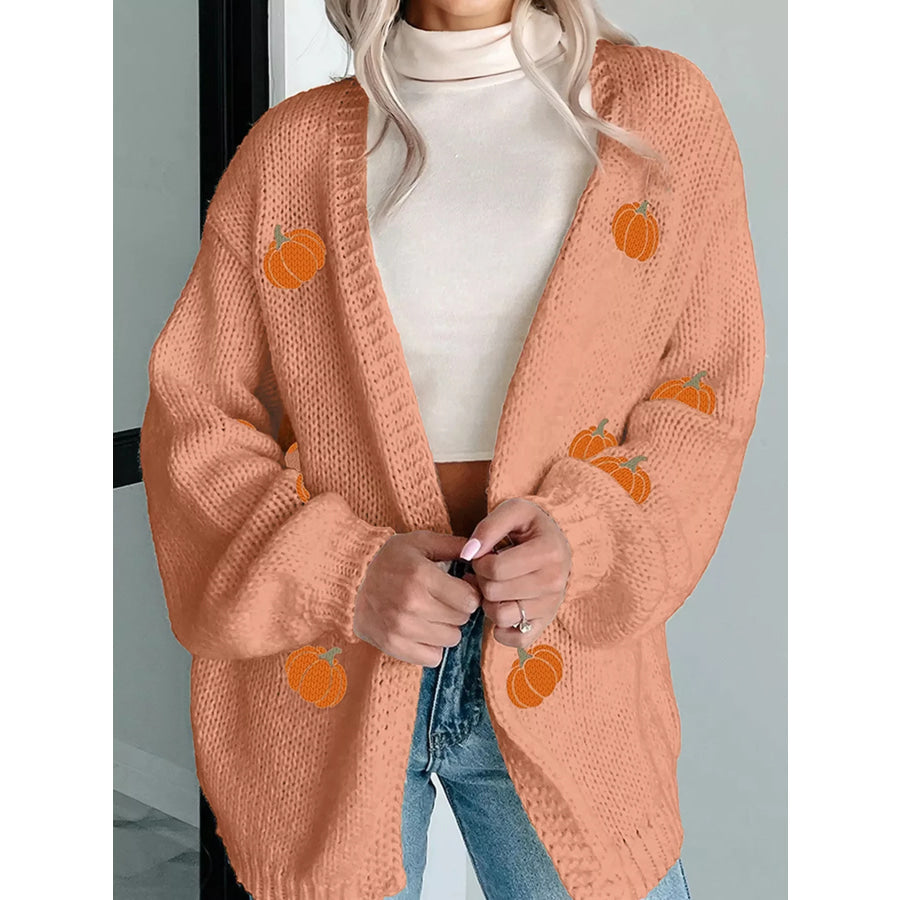 Pumpkin Tree Print Open Front Drop Shoulder Midi Cardigan Sherbet / S Apparel and Accessories