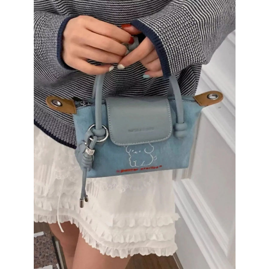 Puppy Embroidered Denim Handbag Light Blue / One Size Apparel and Accessories
