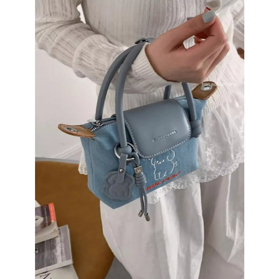 Puppy Embroidered Denim Handbag Light Blue / One Size Apparel and Accessories