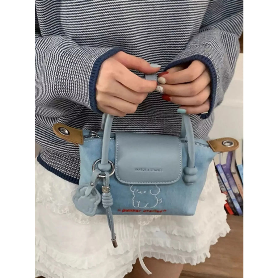 Puppy Embroidered Denim Handbag Light Blue / One Size Apparel and Accessories