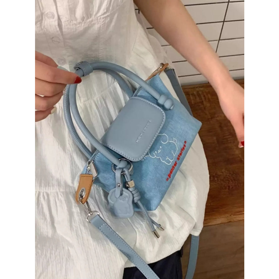 Puppy Embroidered Denim Handbag Light Blue / One Size Apparel and Accessories