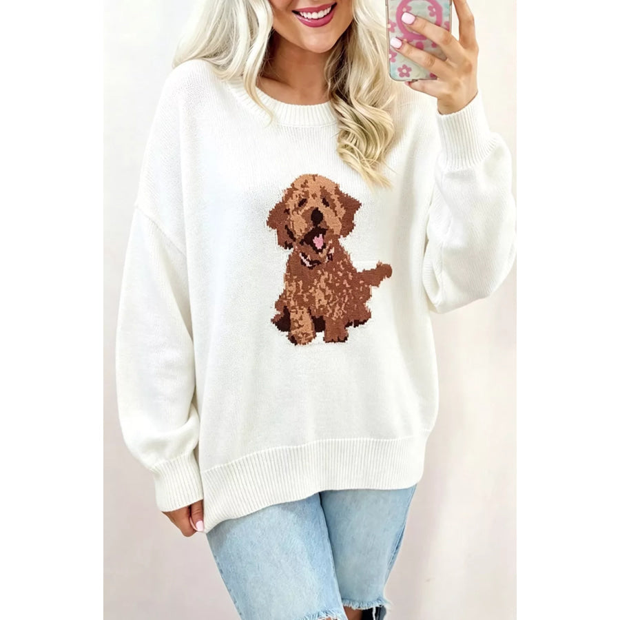 Puppy Graphic Round Neck Sweater White / S Apparel and Accessories