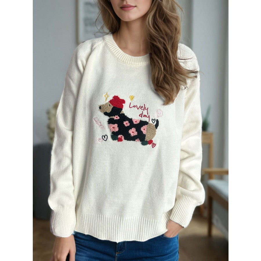 Puppy Round Neck Raglan Sleeve Sweater Apparel and Accessories