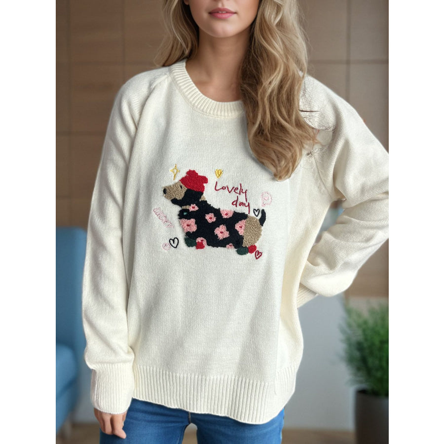 Puppy Round Neck Raglan Sleeve Sweater Apparel and Accessories