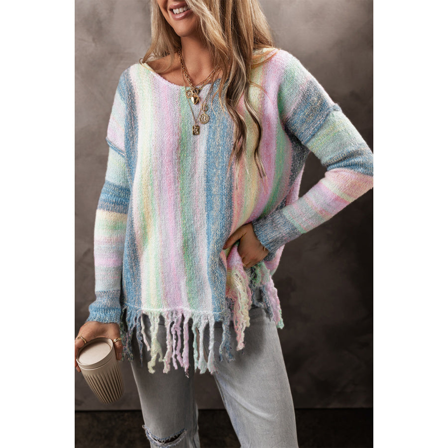 Purple Color Block Fringed Drop Shoulder Tunic Sweater / S / 46% Acrylic + 23% Polyamide + 21% Polyester + 9% Wool + 1% Elastane Sweaters &