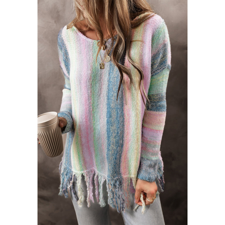 Purple Color Block Fringed Drop Shoulder Tunic Sweater Sweaters & Cardigans/Sweaters