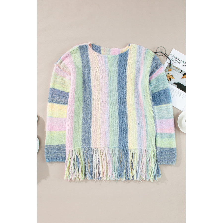 Purple Color Block Fringed Drop Shoulder Tunic Sweater Sweaters & Cardigans/Sweaters