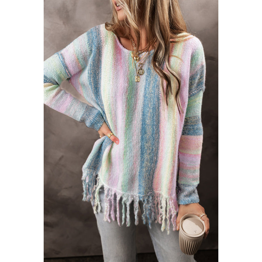 Purple Color Block Fringed Drop Shoulder Tunic Sweater Sweaters & Cardigans/Sweaters