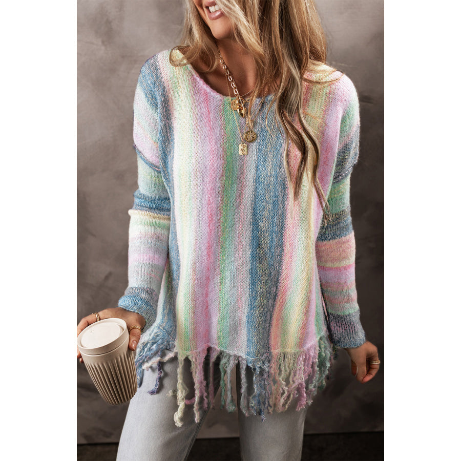 Purple Color Block Fringed Drop Shoulder Tunic Sweater Sweaters & Cardigans/Sweaters