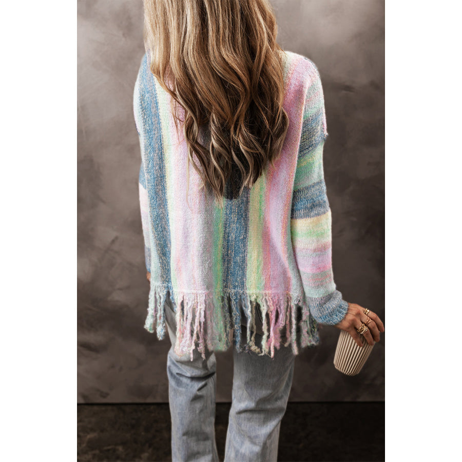 Purple Color Block Fringed Drop Shoulder Tunic Sweater Sweaters & Cardigans/Sweaters