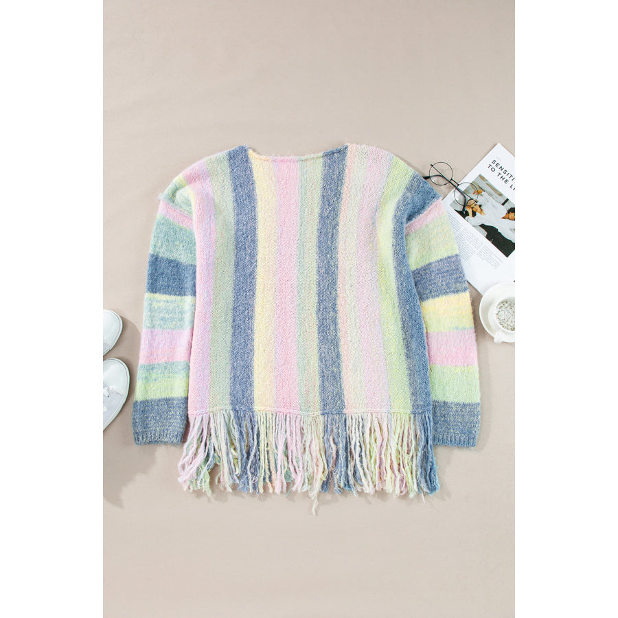 Purple Color Block Fringed Drop Shoulder Tunic Sweater Sweaters & Cardigans/Sweaters