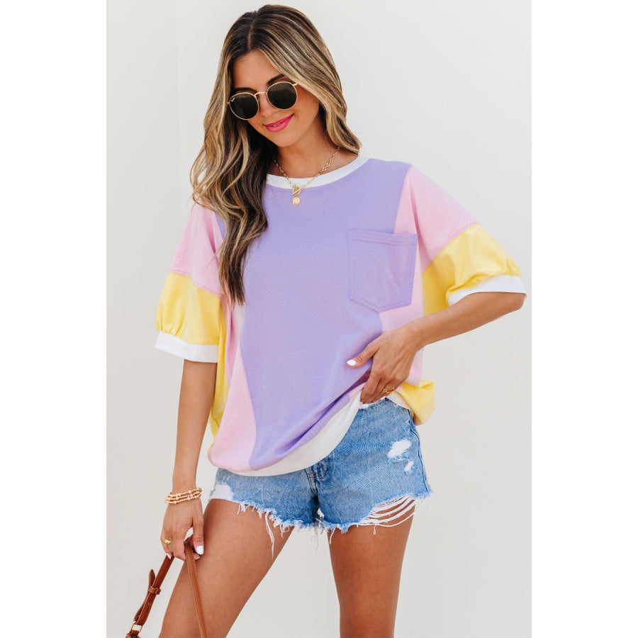Purple Color Block Patchwork Half Sleeve Oversized T Shirt Purple / S / 62% Polyester + 32% Cotton + 6% Elastane Tops/Tops & Tees