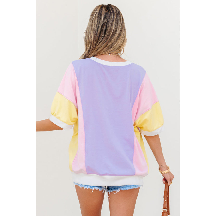 Purple Color Block Patchwork Half Sleeve Oversized T Shirt Purple / S / 62% Polyester + 32% Cotton + 6% Elastane Tops/Tops & Tees