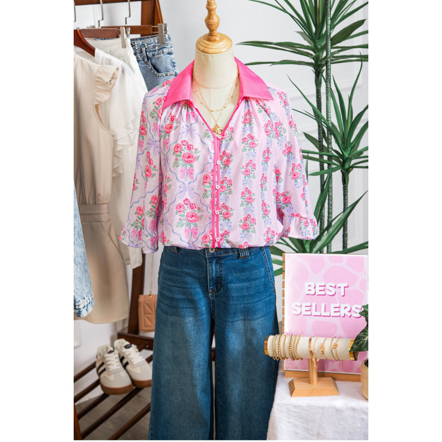 Purple Floral Collared Ruffled Half Sleeve Shirt Tops/Blouses & Shirts