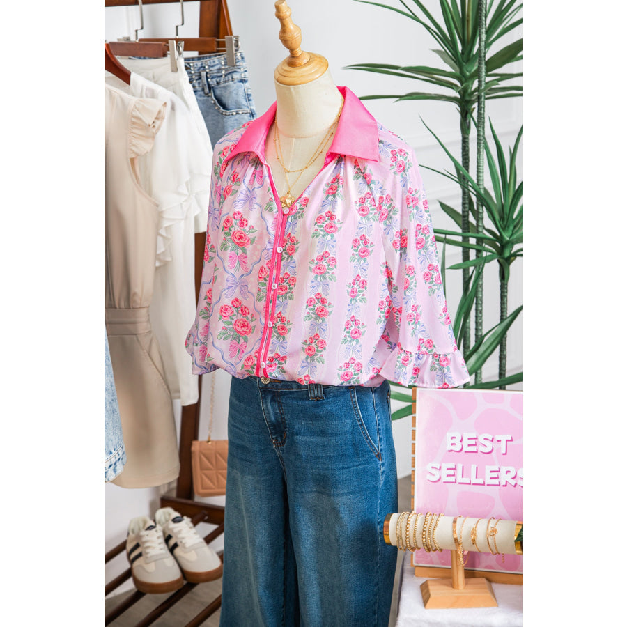 Purple Floral Collared Ruffled Half Sleeve Shirt Tops/Blouses & Shirts