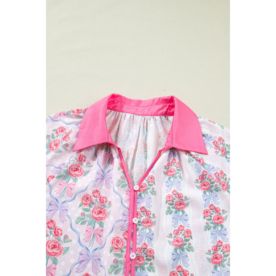 Purple Floral Collared Ruffled Half Sleeve Shirt Tops/Blouses & Shirts