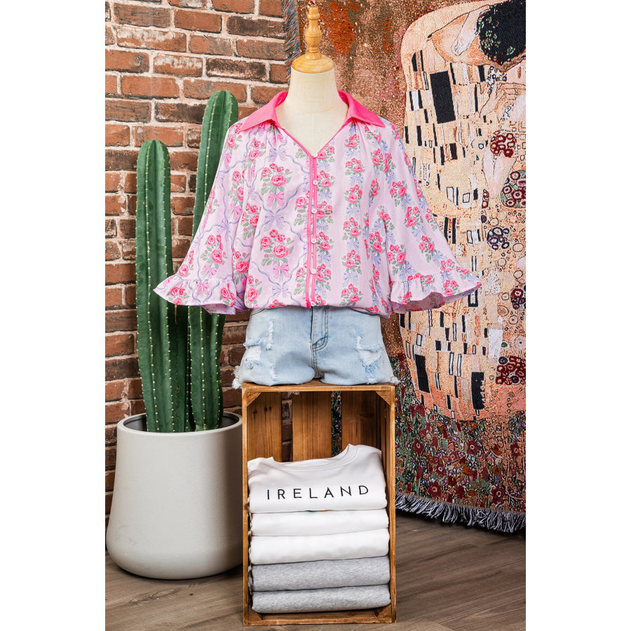 Purple Floral Collared Ruffled Half Sleeve Shirt Tops/Blouses & Shirts