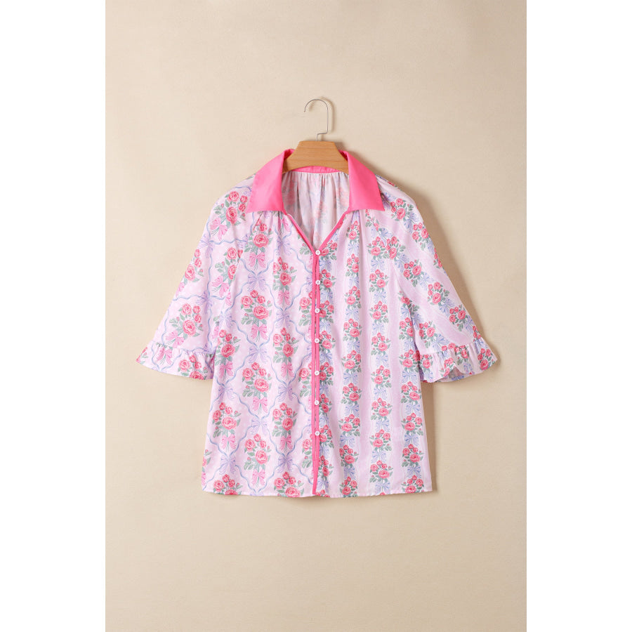 Purple Floral Collared Ruffled Half Sleeve Shirt Tops/Blouses & Shirts