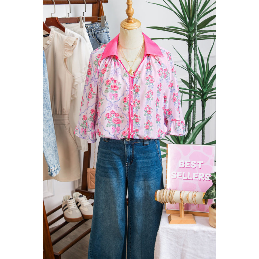 Purple Floral Collared Ruffled Half Sleeve Shirt Tops/Blouses & Shirts