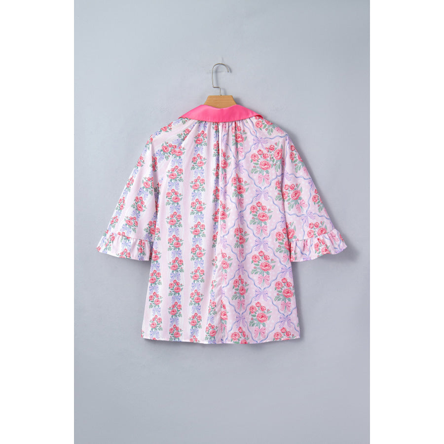 Purple Floral Collared Ruffled Half Sleeve Shirt Tops/Blouses & Shirts
