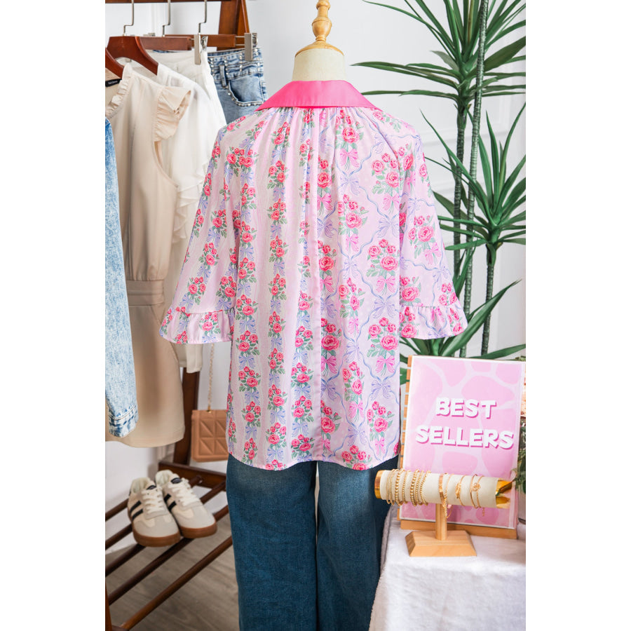 Purple Floral Collared Ruffled Half Sleeve Shirt Tops/Blouses & Shirts