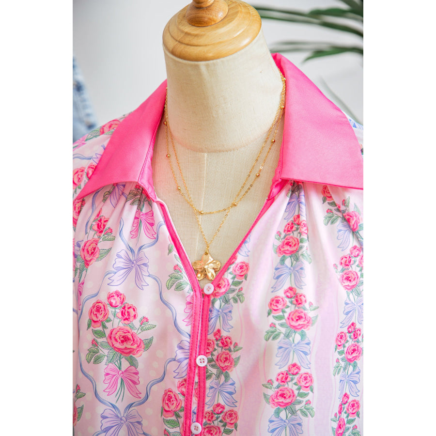 Purple Floral Collared Ruffled Half Sleeve Shirt Tops/Blouses & Shirts