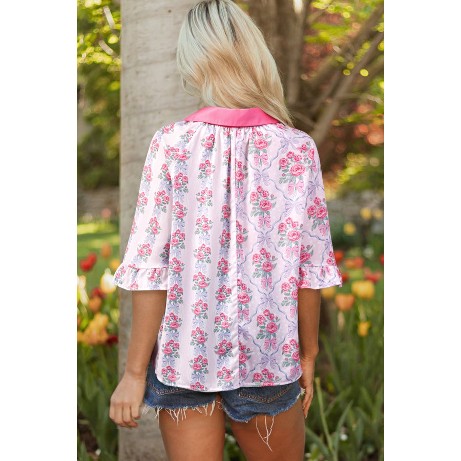 Purple Floral Collared Ruffled Half Sleeve Shirt Tops/Blouses & Shirts