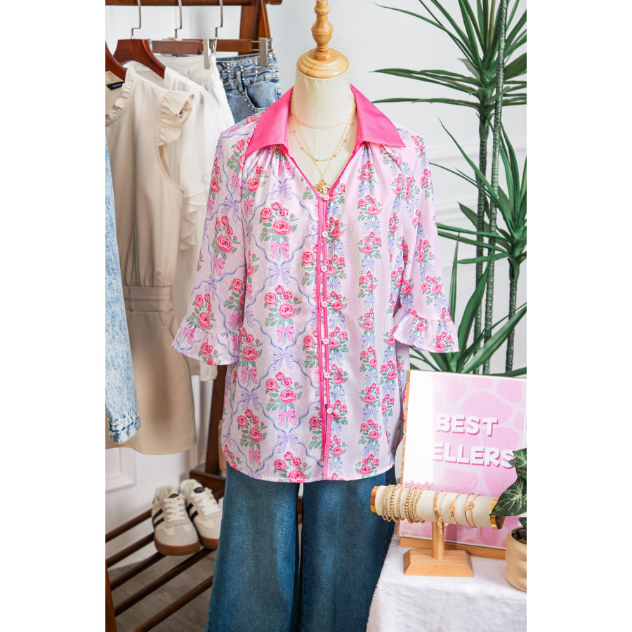 Purple Floral Collared Ruffled Half Sleeve Shirt Tops/Blouses & Shirts