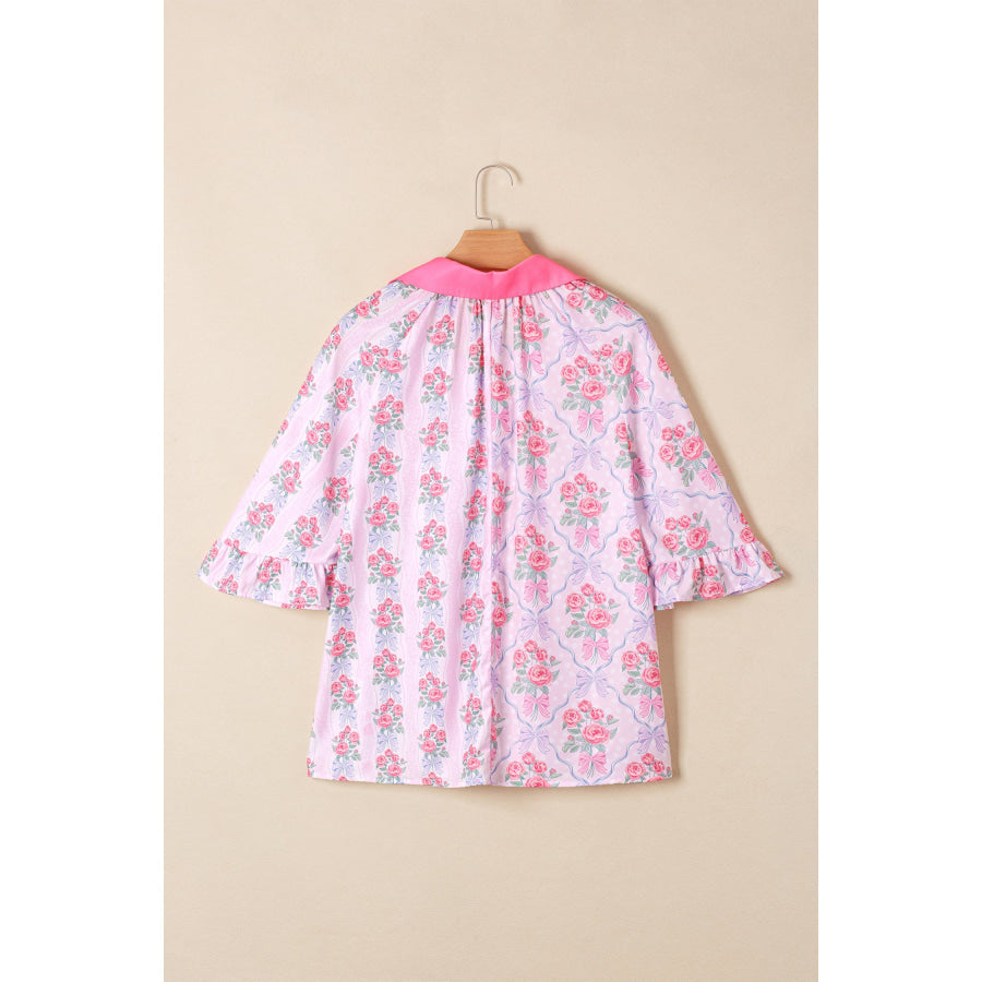 Purple Floral Collared Ruffled Half Sleeve Shirt Tops/Blouses & Shirts