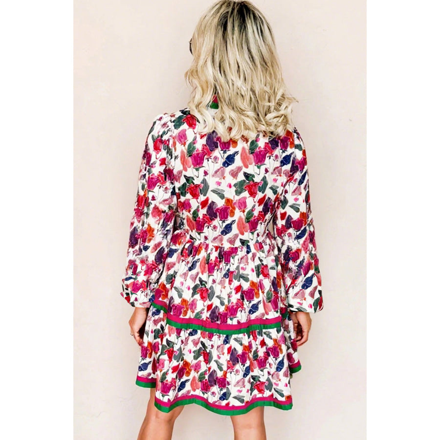 Purple Floral Print Contrast Striped Detail Long Sleeve Mini Dress Dresses/Floral Dresses