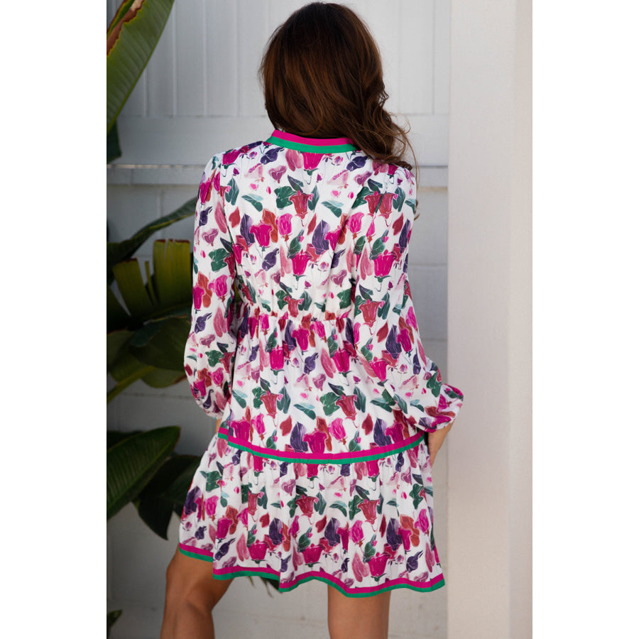 Purple Floral Print Contrast Striped Detail Long Sleeve Mini Dress Dresses/Floral Dresses