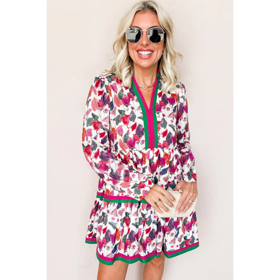 Purple Floral Print Contrast Striped Detail Long Sleeve Mini Dress Dresses/Floral Dresses
