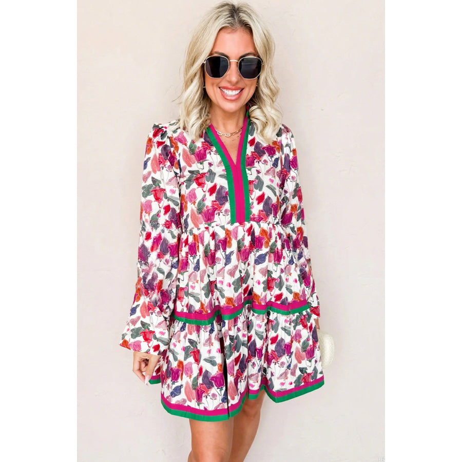 Purple Floral Print Contrast Striped Detail Long Sleeve Mini Dress Dresses/Floral Dresses