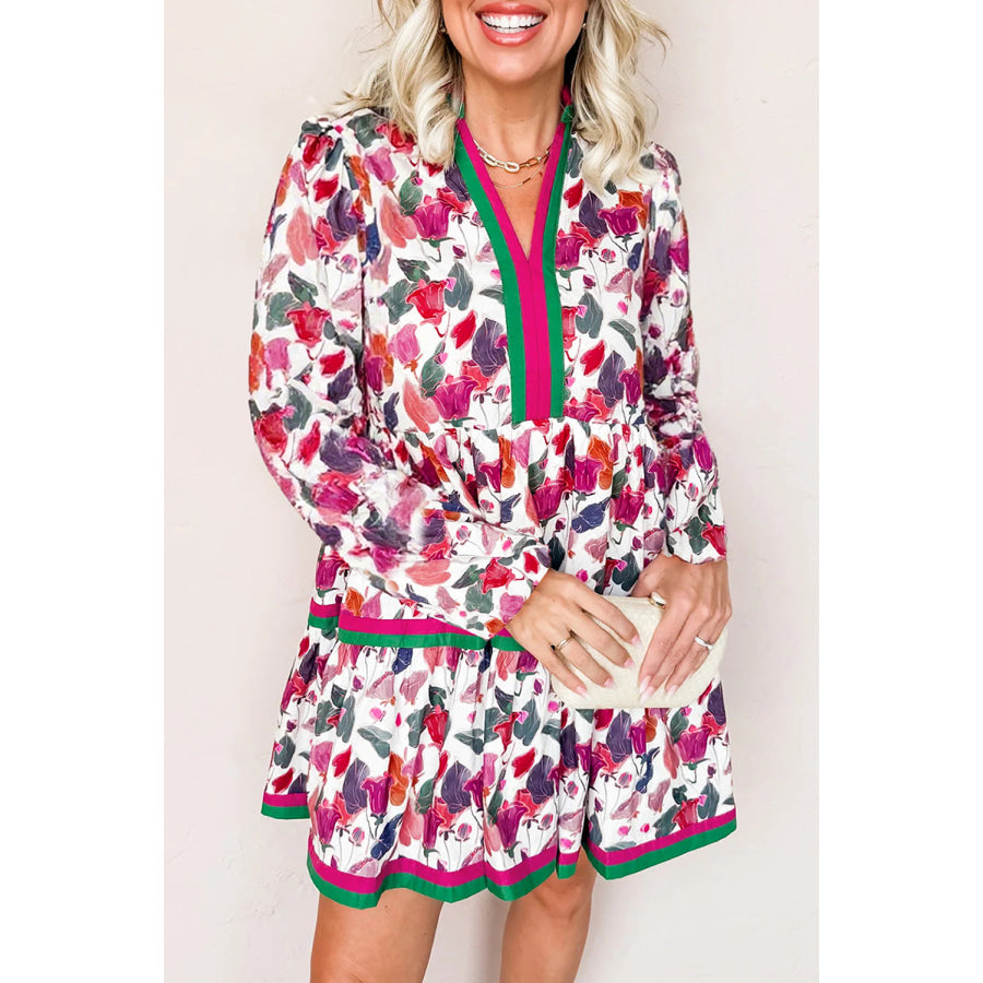 Purple Floral Print Contrast Striped Detail Long Sleeve Mini Dress Dresses/Floral Dresses