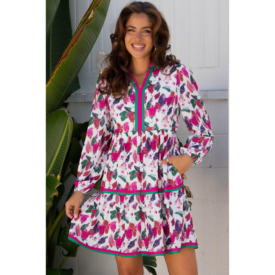 Purple Floral Print Contrast Striped Detail Long Sleeve Mini Dress Purple / S / 100% Polyester Dresses/Floral Dresses