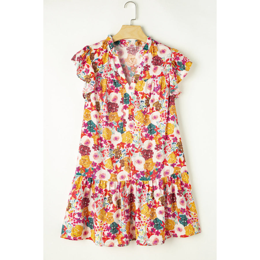 Purple Floral Print Split Neck Flutter Sleeve Dress Dresses/Floral Dresses