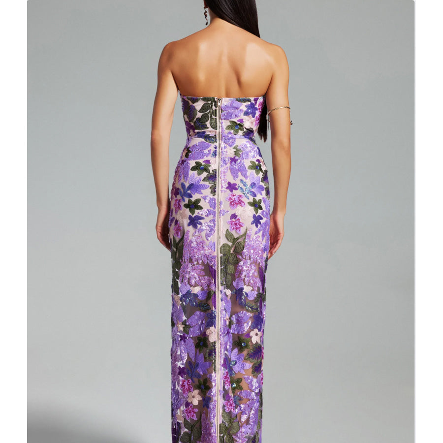 Purple Floral Sequin Midi Dress Women’s Fashion - Weddings & Events - Evening Dresses