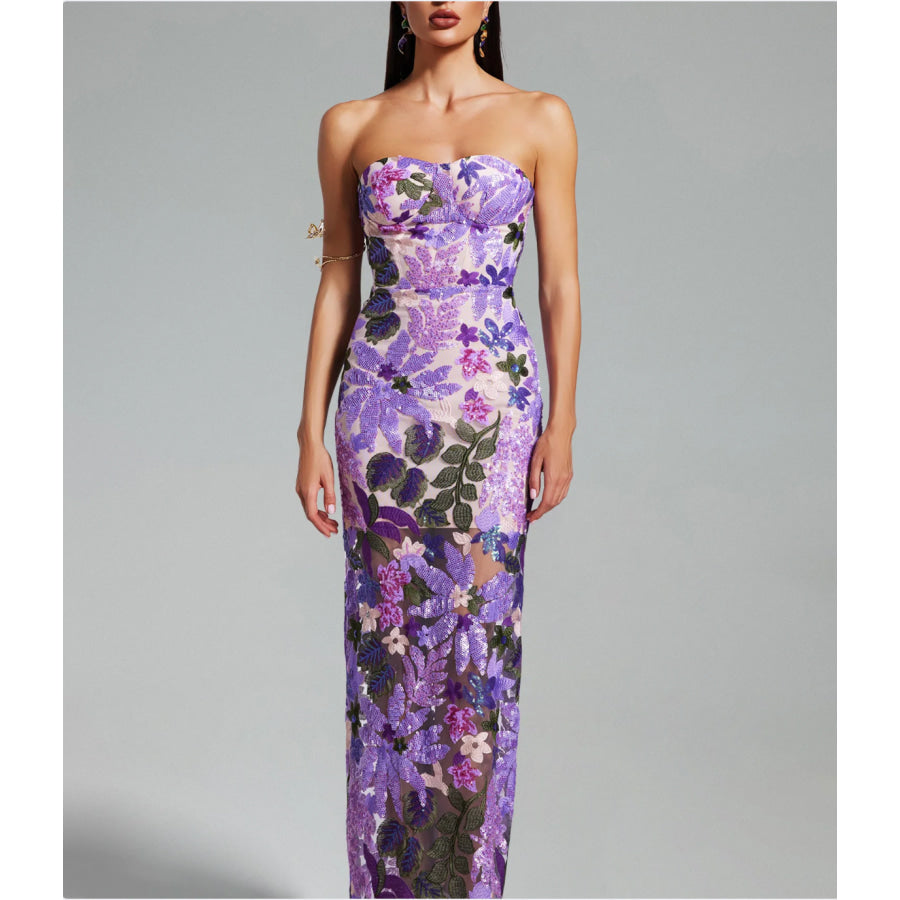 Purple Floral Sequin Midi Dress Women’s Fashion - Weddings & Events - Evening Dresses