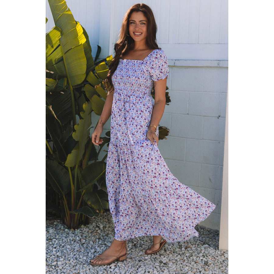 Purple Floral Short Bubble Sleeve Shirred High Waist Maxi Dress Dresses/Maxi Dresses