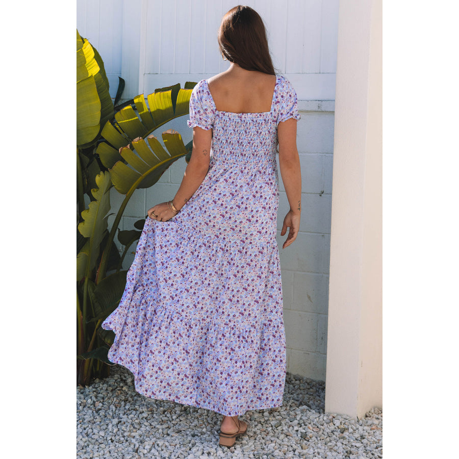 Purple Floral Short Bubble Sleeve Shirred High Waist Maxi Dress Purple / S / 100% Polyester Dresses/Maxi Dresses