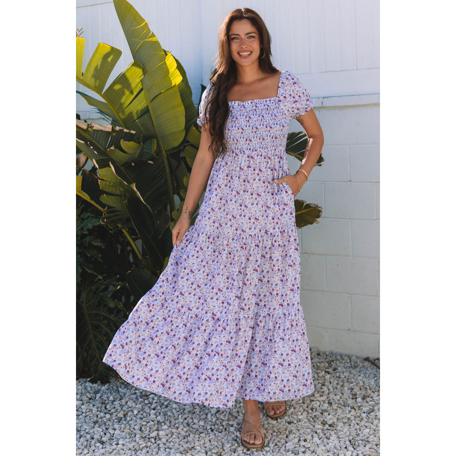 Purple Floral Short Bubble Sleeve Shirred High Waist Maxi Dress Dresses/Maxi Dresses