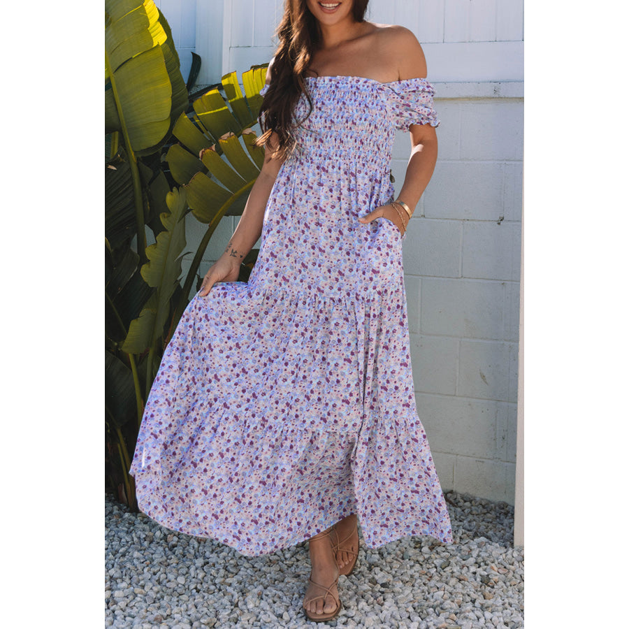 Purple Floral Short Bubble Sleeve Shirred High Waist Maxi Dress Dresses/Maxi Dresses