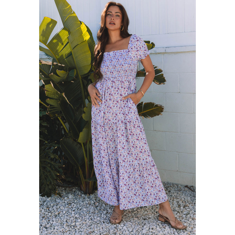 Purple Floral Short Bubble Sleeve Shirred High Waist Maxi Dress Dresses/Maxi Dresses