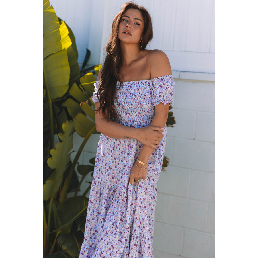 Purple Floral Short Bubble Sleeve Shirred High Waist Maxi Dress Dresses/Maxi Dresses