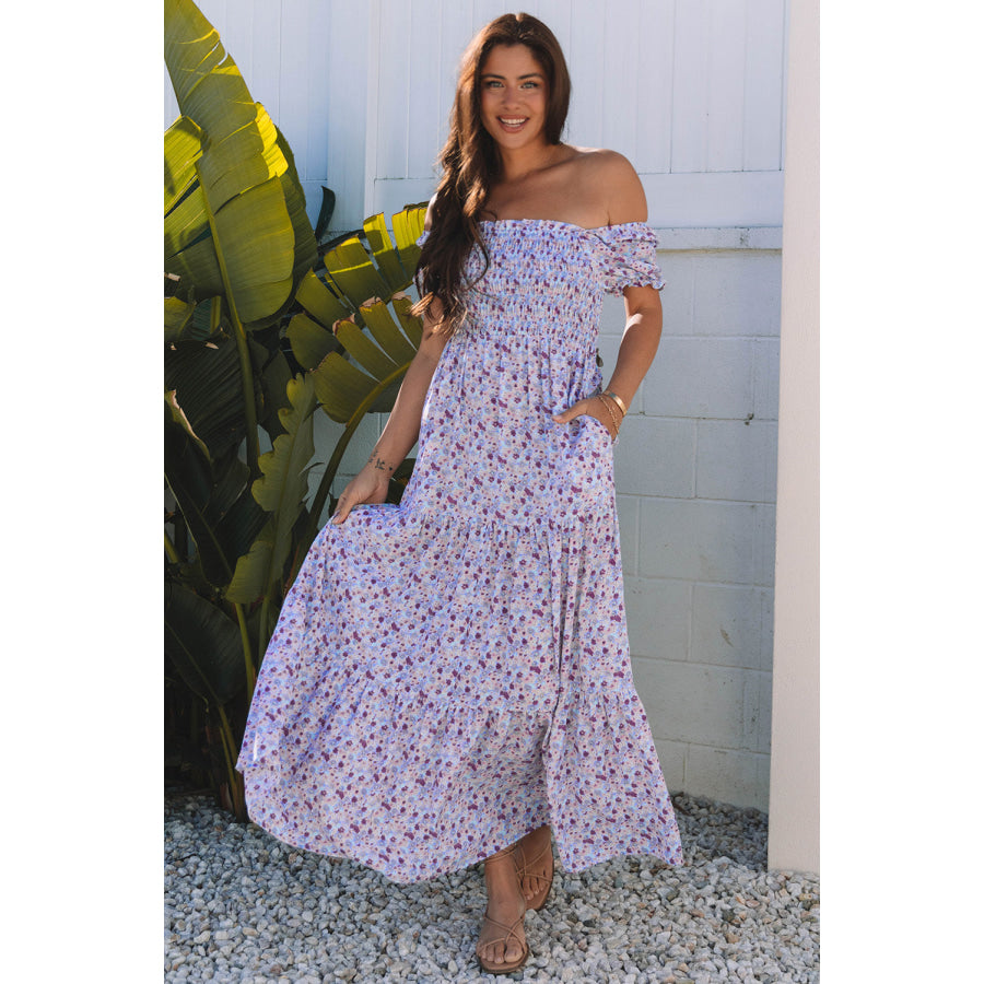 Purple Floral Short Bubble Sleeve Shirred High Waist Maxi Dress Purple / S / 100% Polyester Dresses/Maxi Dresses