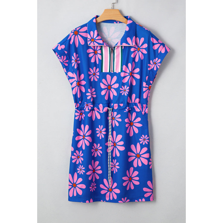 Purple Floral Striped Quarter Zip Cap Sleeve Drawstring Waist Mini Dress Dresses/Floral Dresses