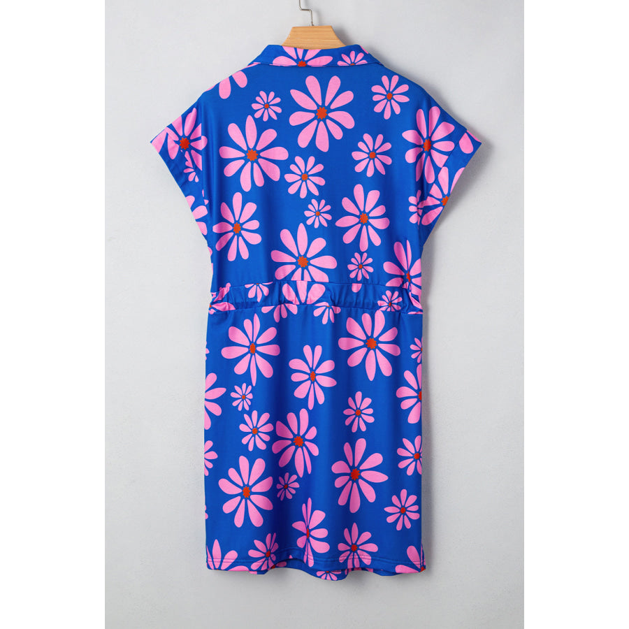 Purple Floral Striped Quarter Zip Cap Sleeve Drawstring Waist Mini Dress Dresses/Floral Dresses