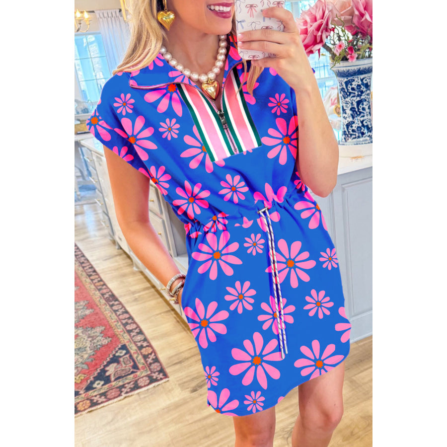 Purple Floral Striped Quarter Zip Cap Sleeve Drawstring Waist Mini Dress Purple / S / 95% Polyester + 5% Elastane Dresses/Floral Dresses
